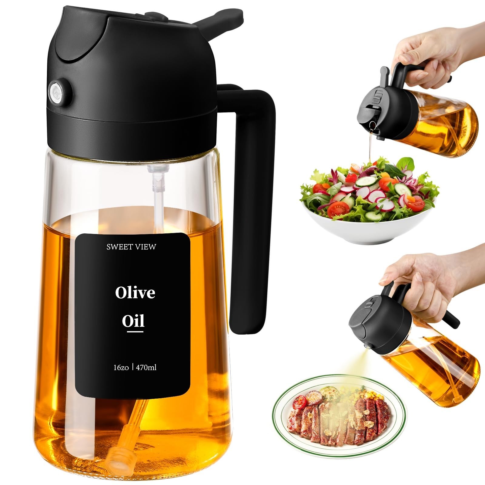 Olive Oil Sprayer for Cooking, 470ml 2 In 1 Glass Oil Dispenser/Pour Bottle, ...