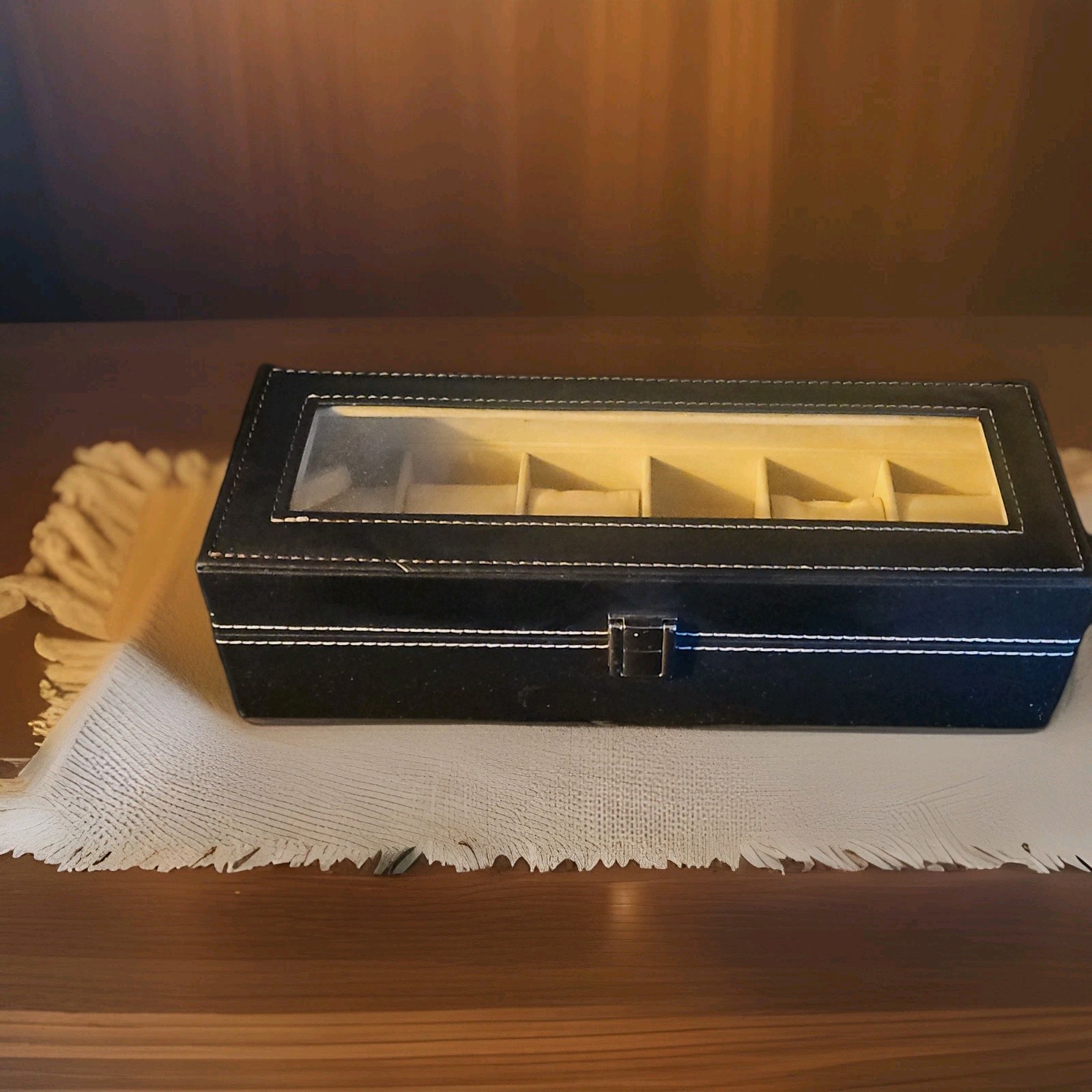 Black Beige Faux Leather 5-Watch Storage Box with Glass Display Lid Compartments