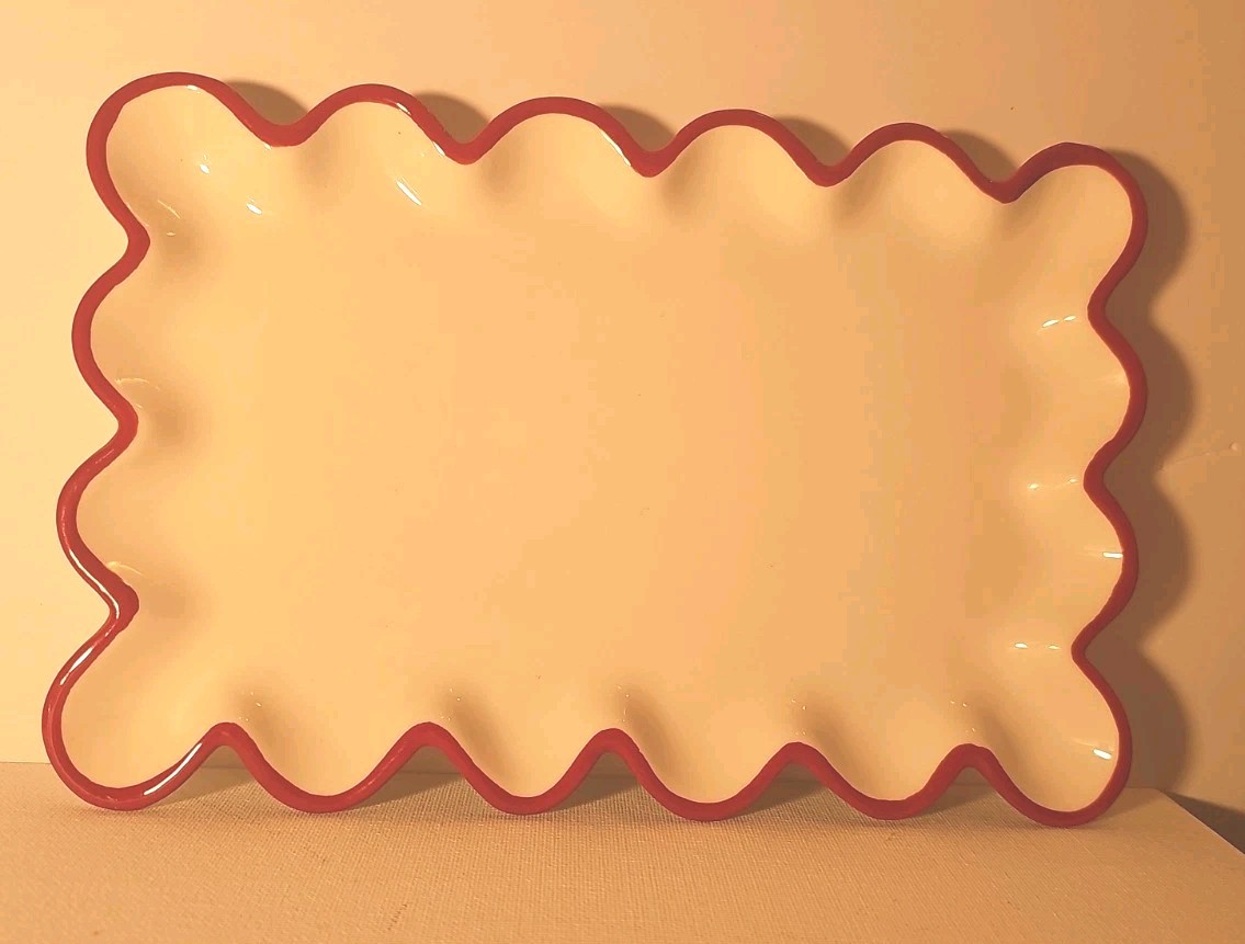 Bathroom Ceramic White With Wavy Sides Tray Edged In Hand Painted Red Rim.