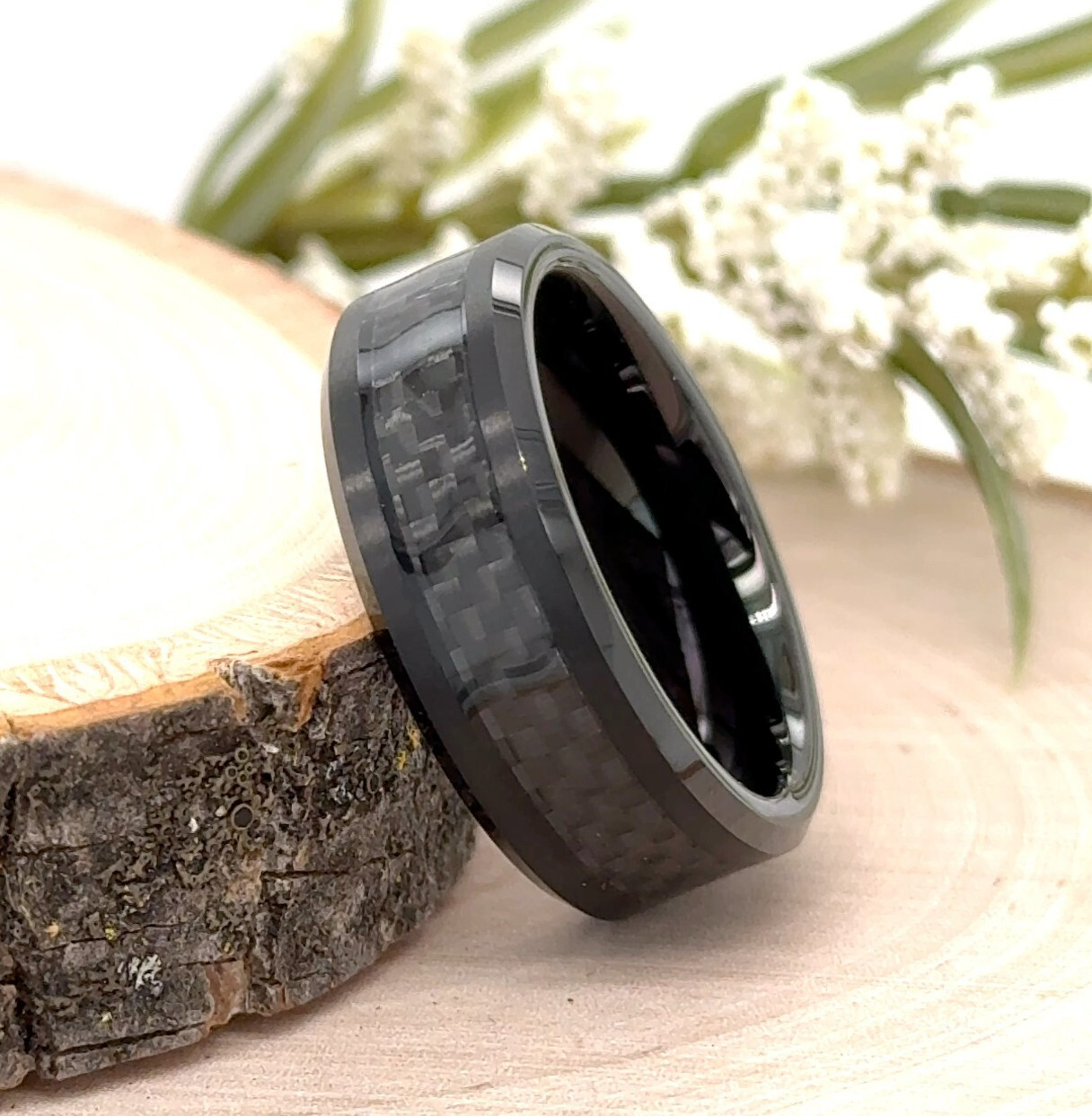 Black Tungsten 8MM Proposal Ring Black Carbon Fiber Inlay Stylish Unisex Band