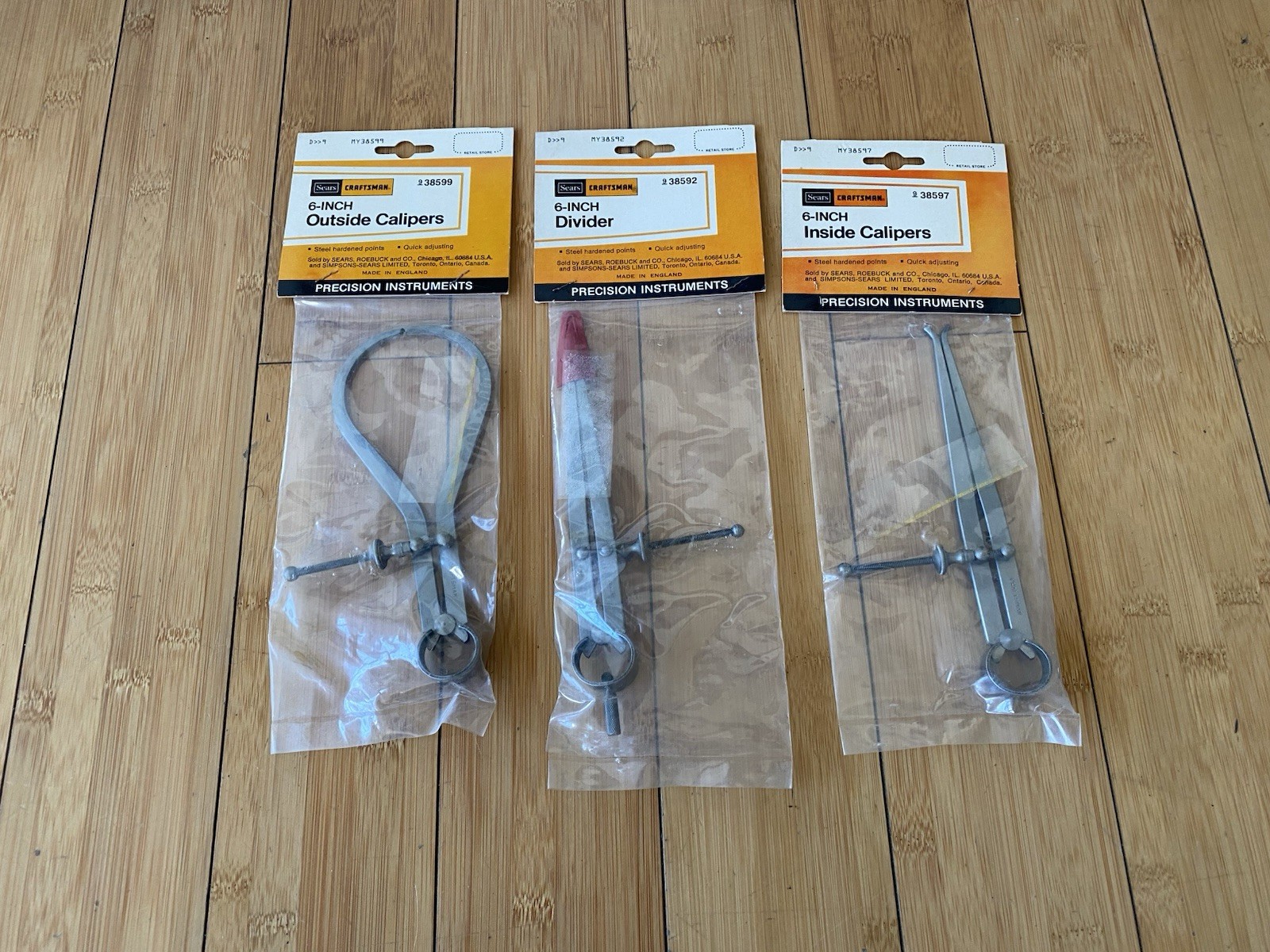 3 NOS Vintage 6" Inside & Outside, Divider Spring Calipers Made In England