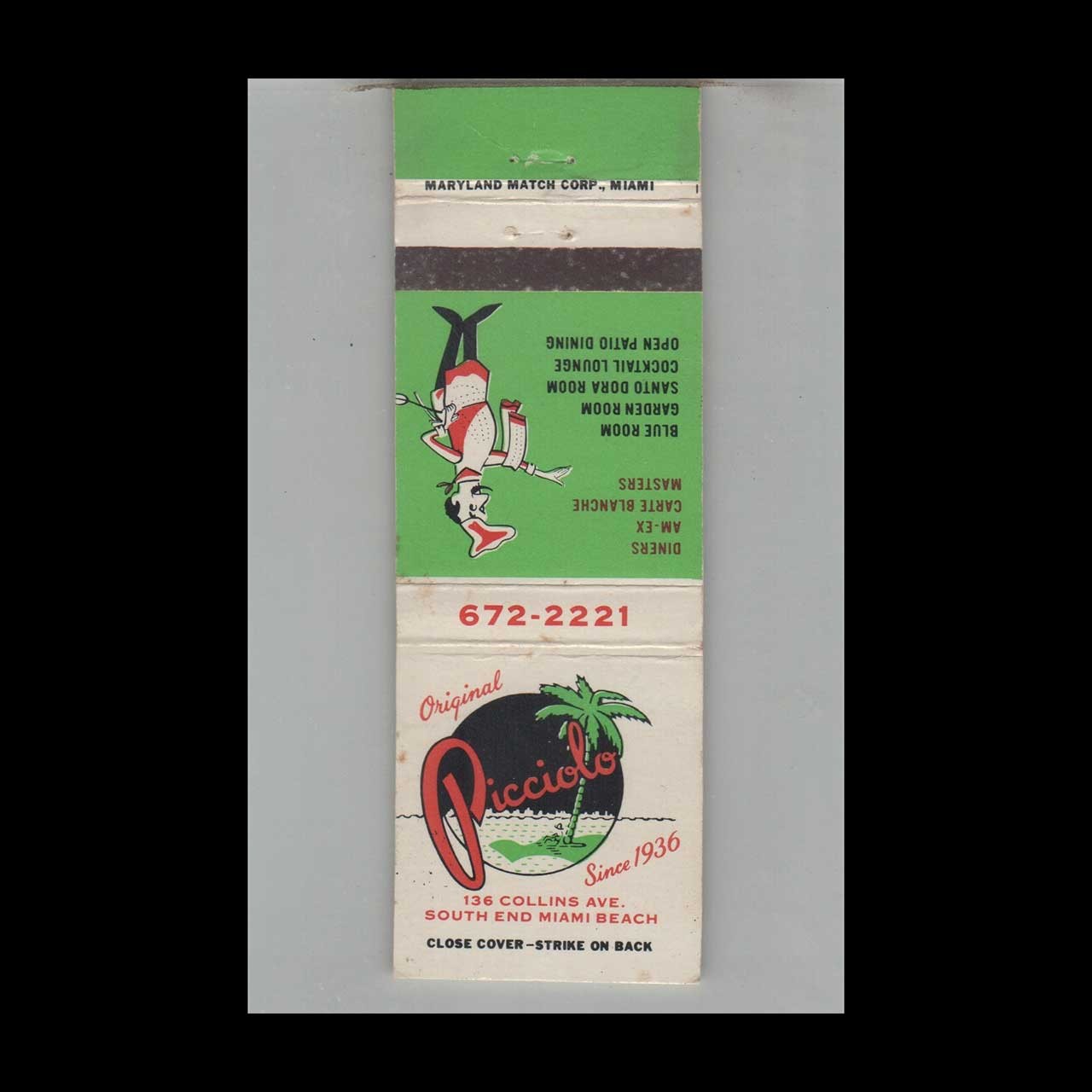 Matchbook Cover Piccolo Restaurant Miami FL