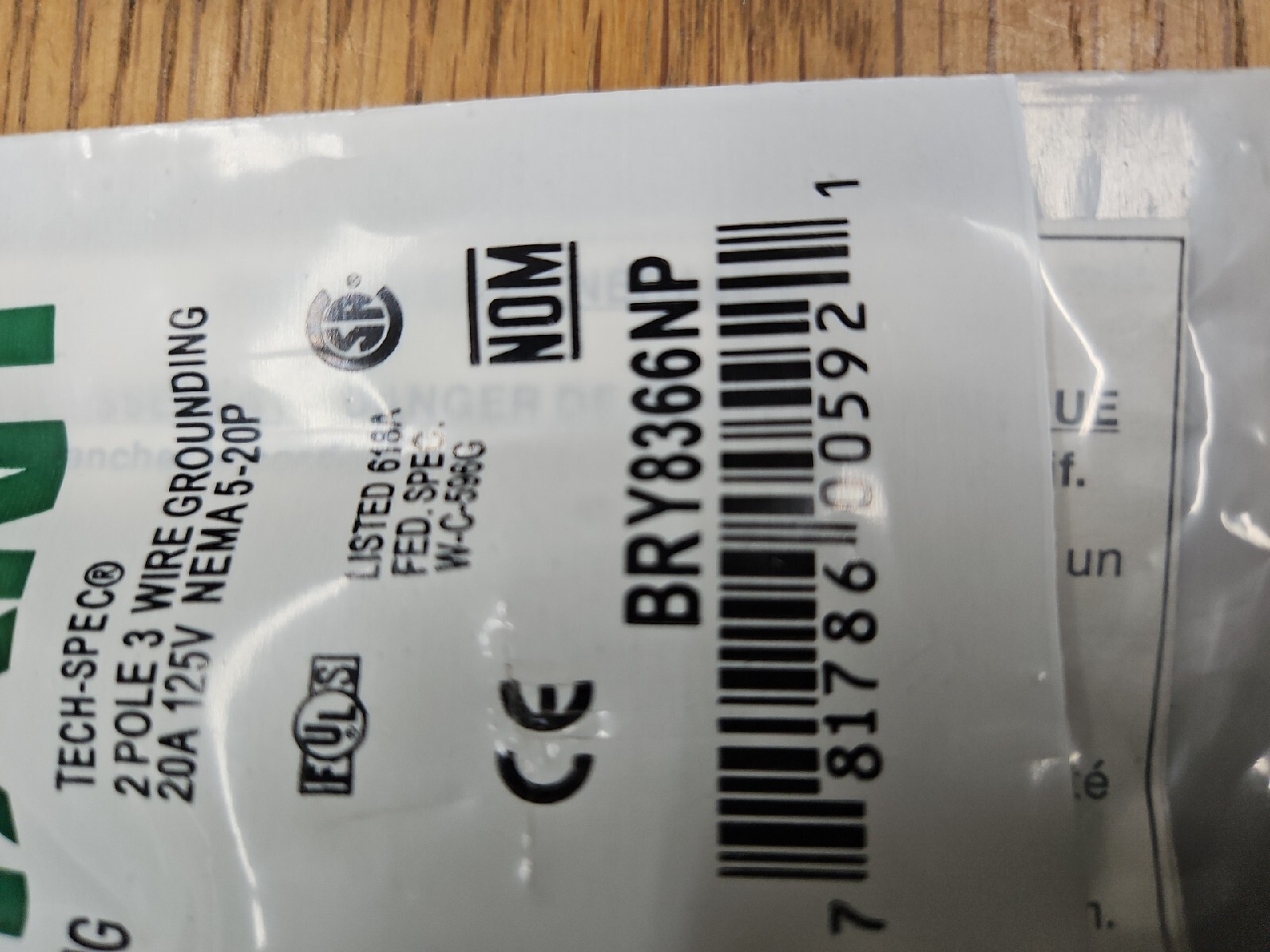 BRY8366NP 3 Wire Straight Blade Plug Hospital Grade 125Vac 20A