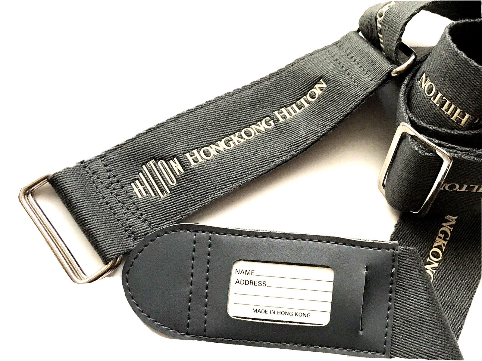 NEW HONG KONG HILTON HOTEL LUGGAGE SUITCASE BELT STRAP GRAY ADJUSTABLE TO 63 IN