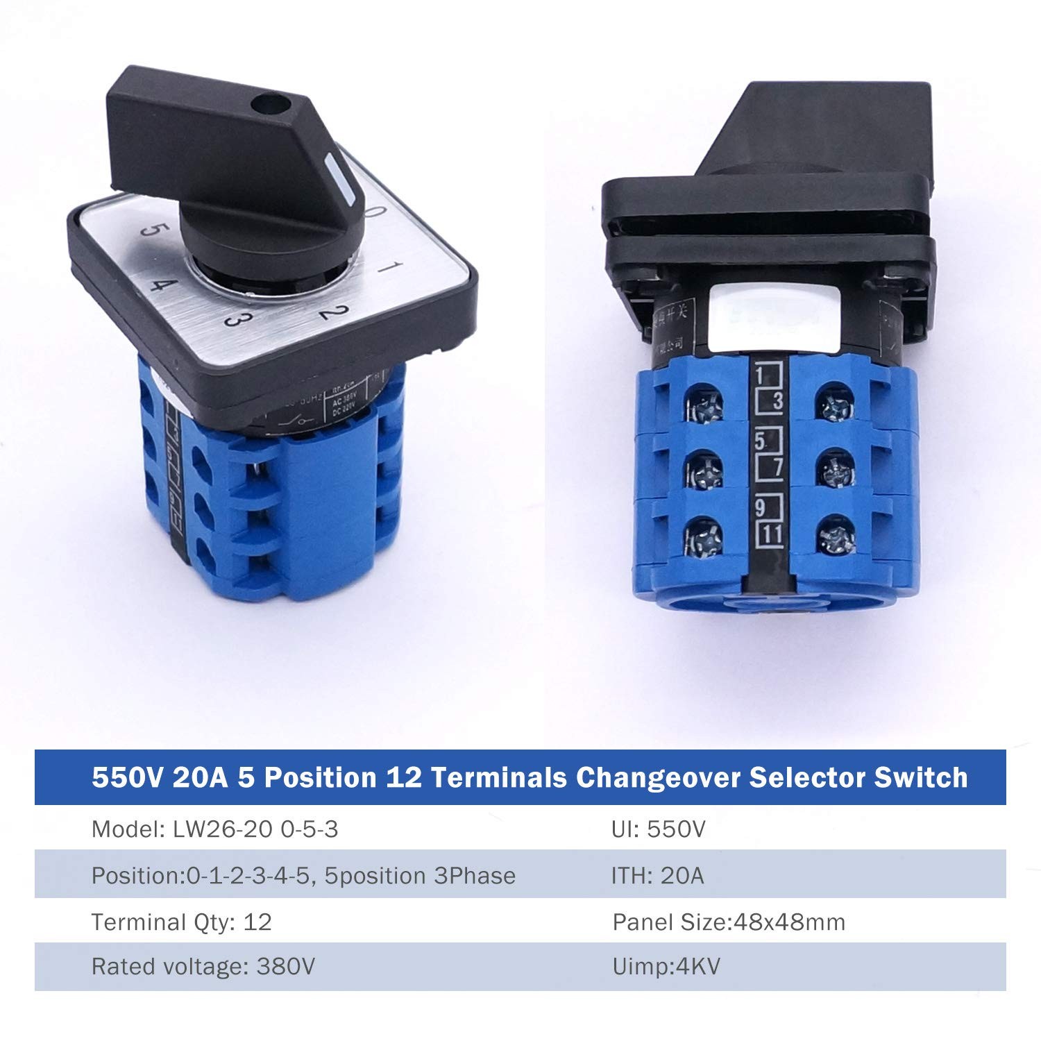 20A 550V 5 Position Universal Latching Rotary Changeover Switch 12 Terminals