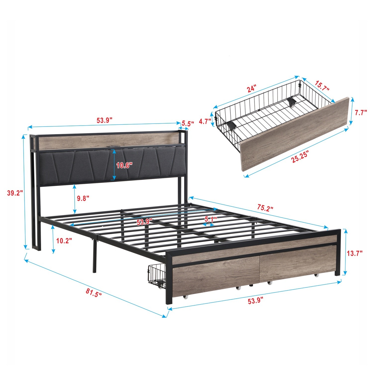 Full Size Bed Frame with Upholstered Headboard Metal Platform Bed w/ 2 Drawers