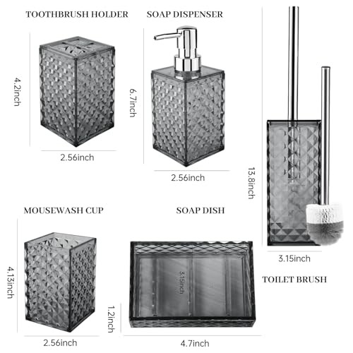 Bathroom Accessory Set, Grid Pattern 5 Pcs Plastic Bathroom Set 5 Pack Grey