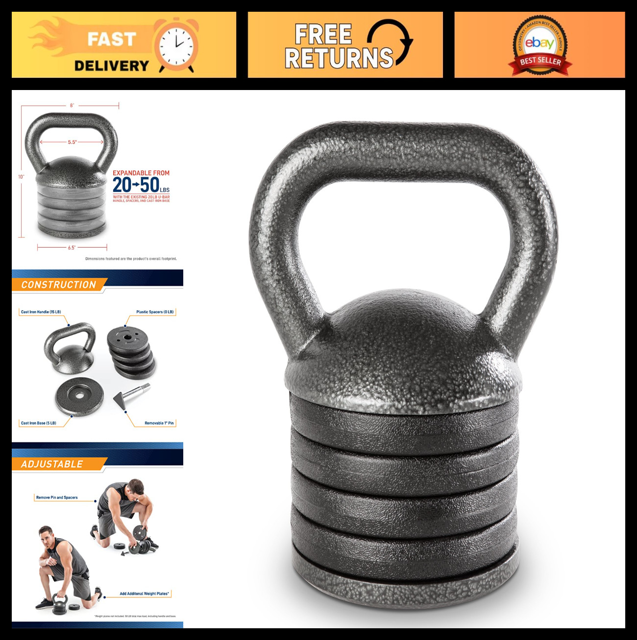 Adjustable Heavy-Duty Kettlebell Weight for Strength Training, Home Gym Equipmen