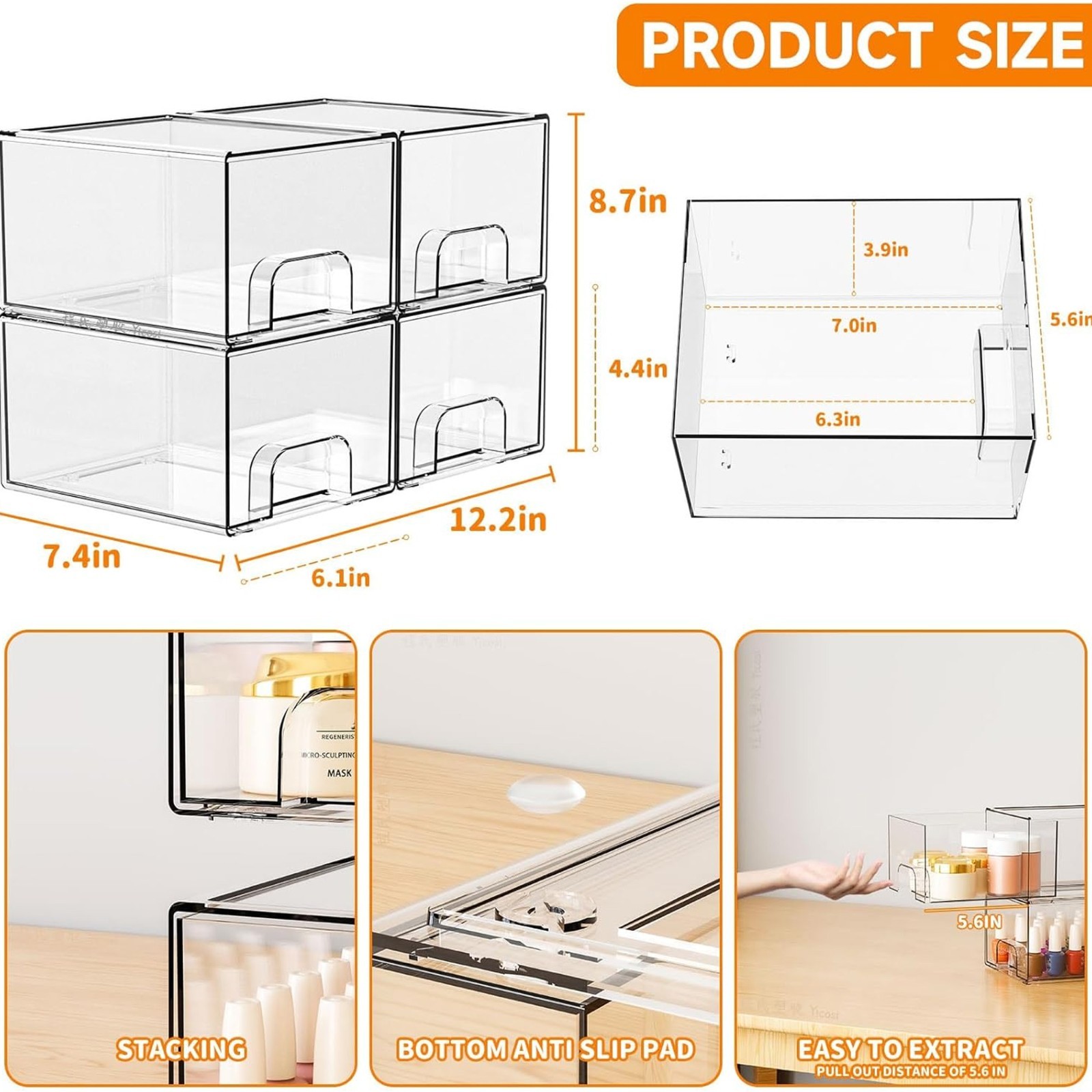 4 Pack Acrylic Stackable Drawer Storage Desktop Organizer Bins for Bathroom