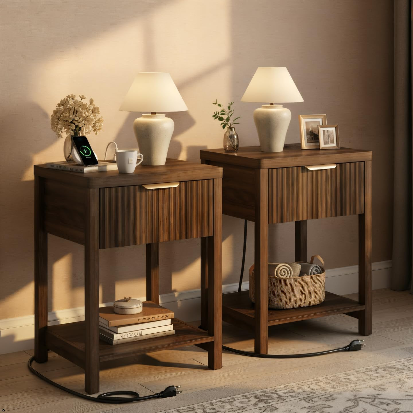 Lulive Night Stand Set 2, Fluted Nightstand with Charging Station, Wood Modern B