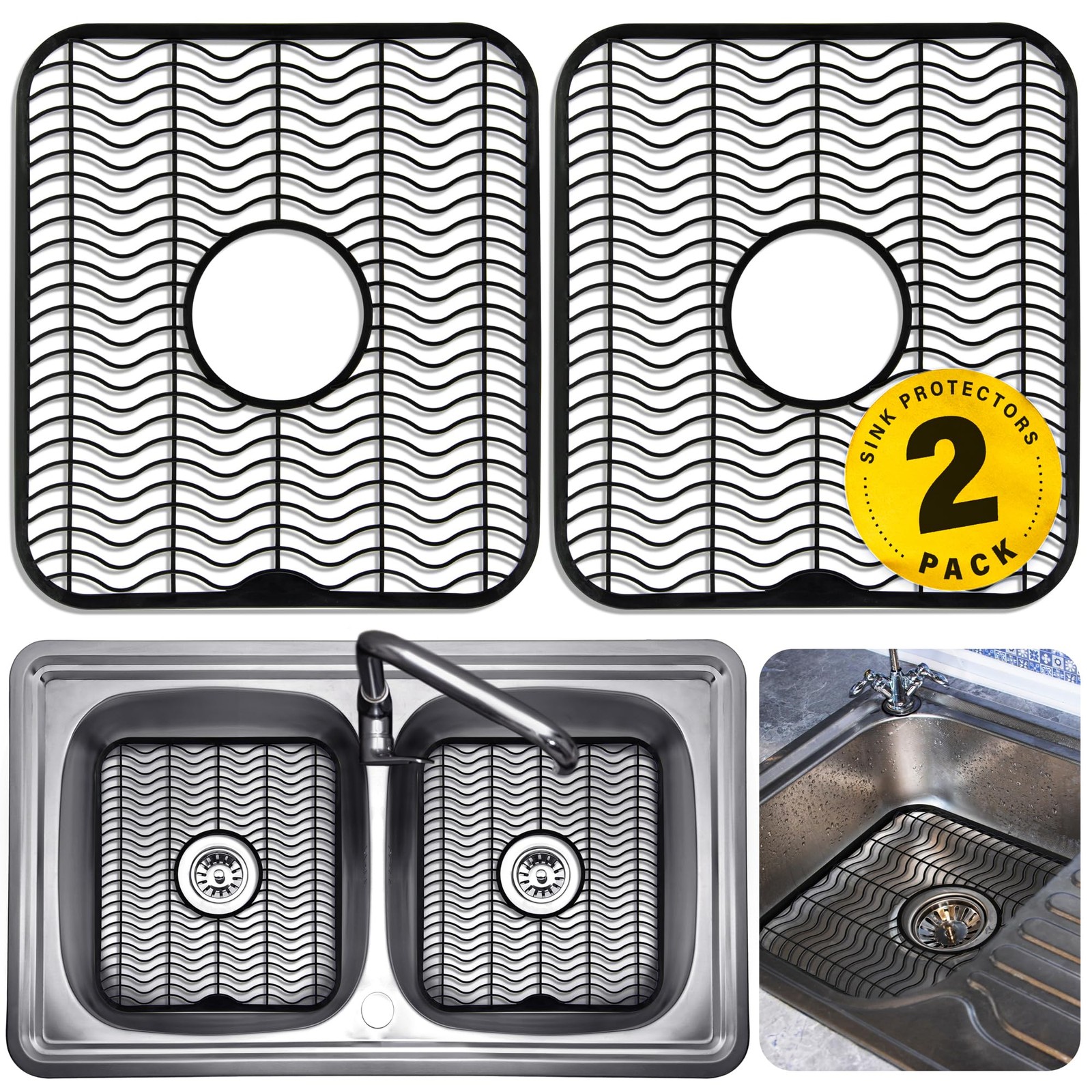 DecorRack 2 Sink Protectors for Kitchen Sink, Plastic 12" x 11" Black, Black
