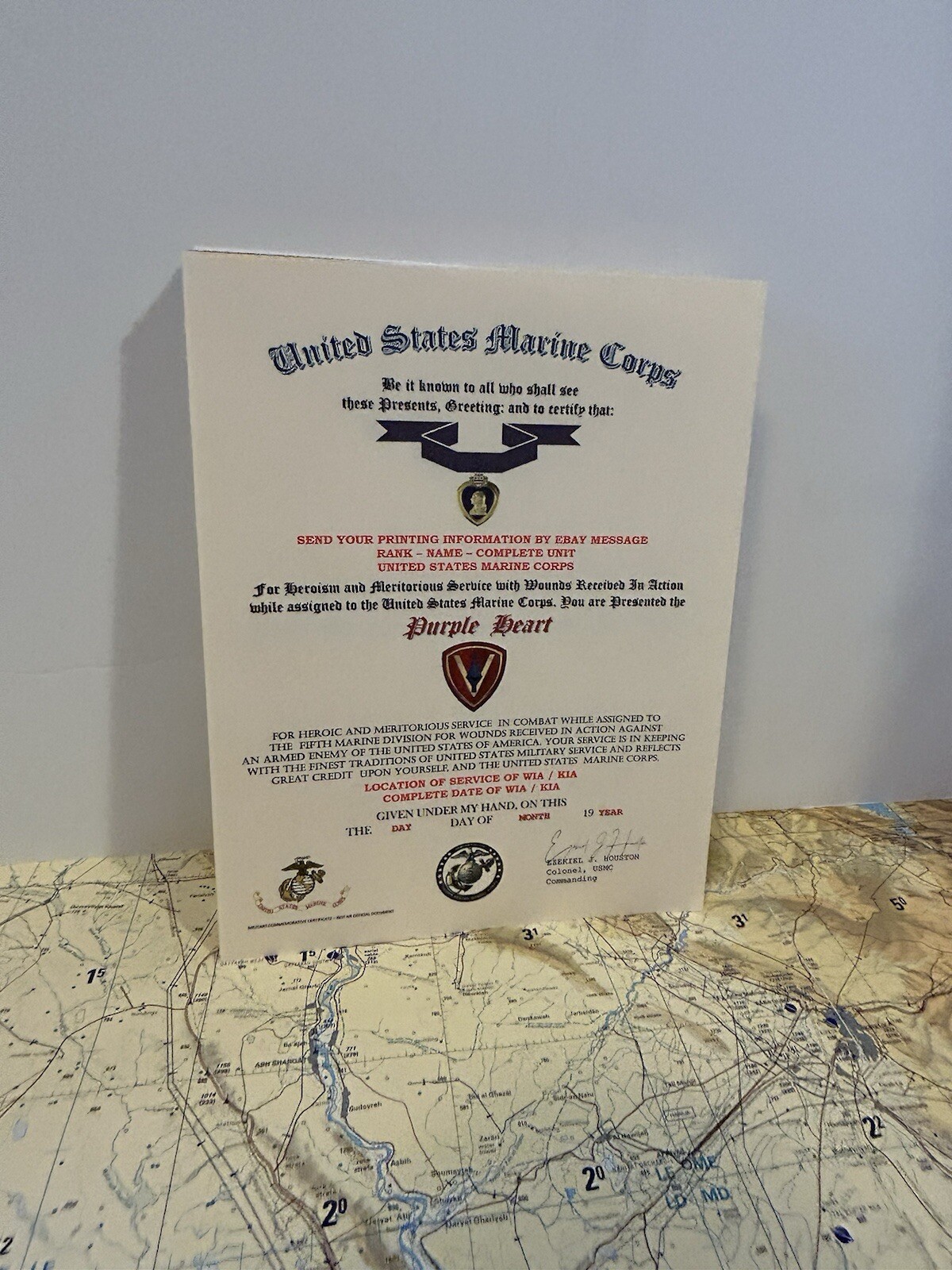 U.S.M.C. / P.H. MEDAL COMMEMORATIVE CERTIFICATE - 5TH MARINE DIVISION