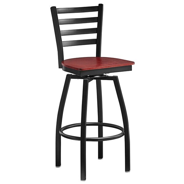 Black Ladder Back Swivel Metal Restaurant Barstool With Mahogany Wood Seat
