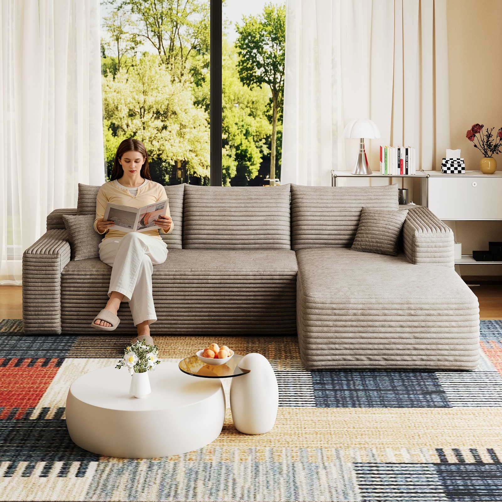 95" Cloud Sectional Couch with L-Shape Chaise Modular Corduroy Sofa Living Room