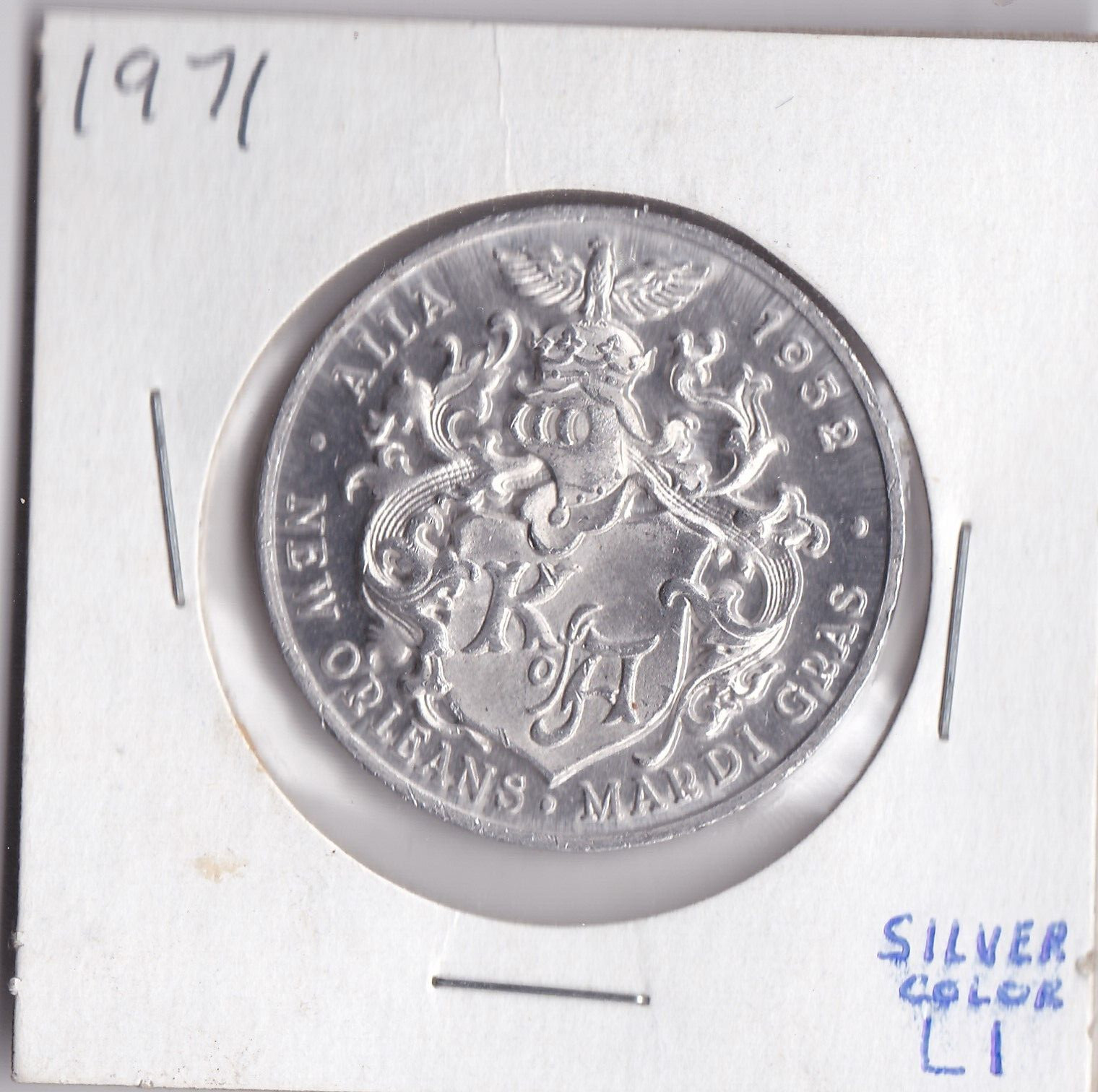 1971 ALLA NEW ORLEANS  MARDI GRAS  10 Gauge Aluminum Silver color DOUBLOON  (L1)