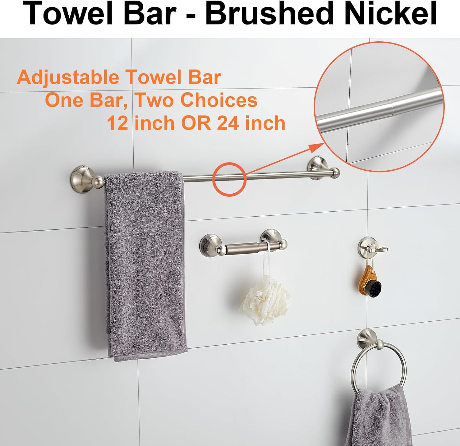 Bathroom Accessory Set, Brushed Nickel Adjustable Expandable Towel Bar 4-Piece B