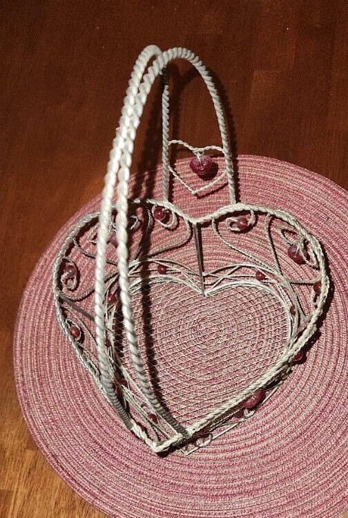 Vintage HEART Shaped Basket Decor Silver wire w/ Red Heart Beads Vintage Easter