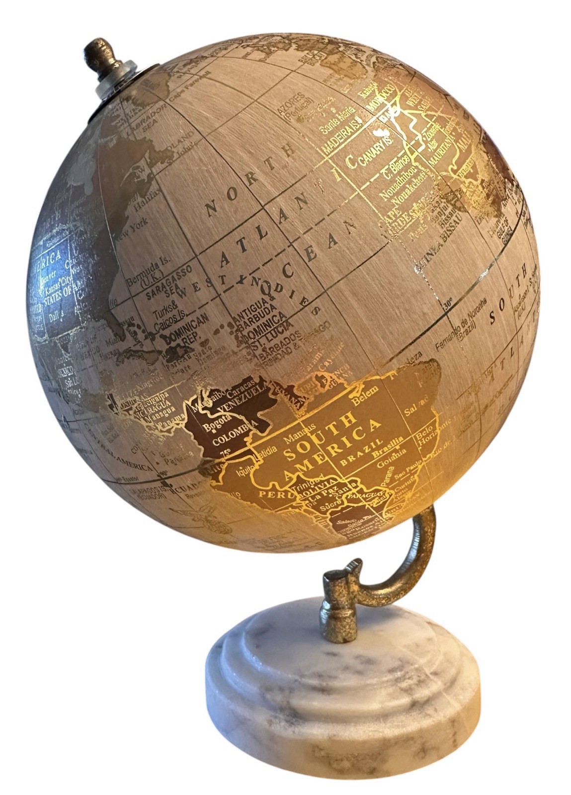 6 Inch Globe With Metal Stand & Ridged Marble Base 9.5” H White & Gold Color EUC
