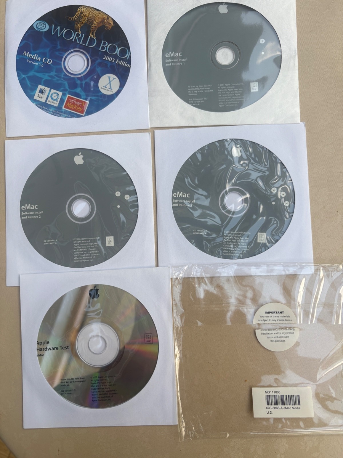 2003 5 CDs MAC OS-X APPLE WORLD BOOK eMAC SOFTWARE RESTORE INSTALL HARDWARE TEST