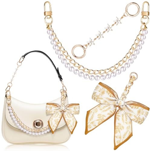 3 Pieces Women Bag Extender Chain, Polyester Bowknot Shoulder Strap Gold Pearl