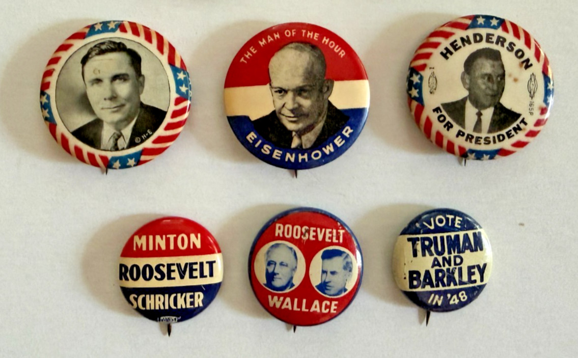 Vintage Political Campaign Button Lot of 6 - FDR, Truman, Eisenhower Pinbacks