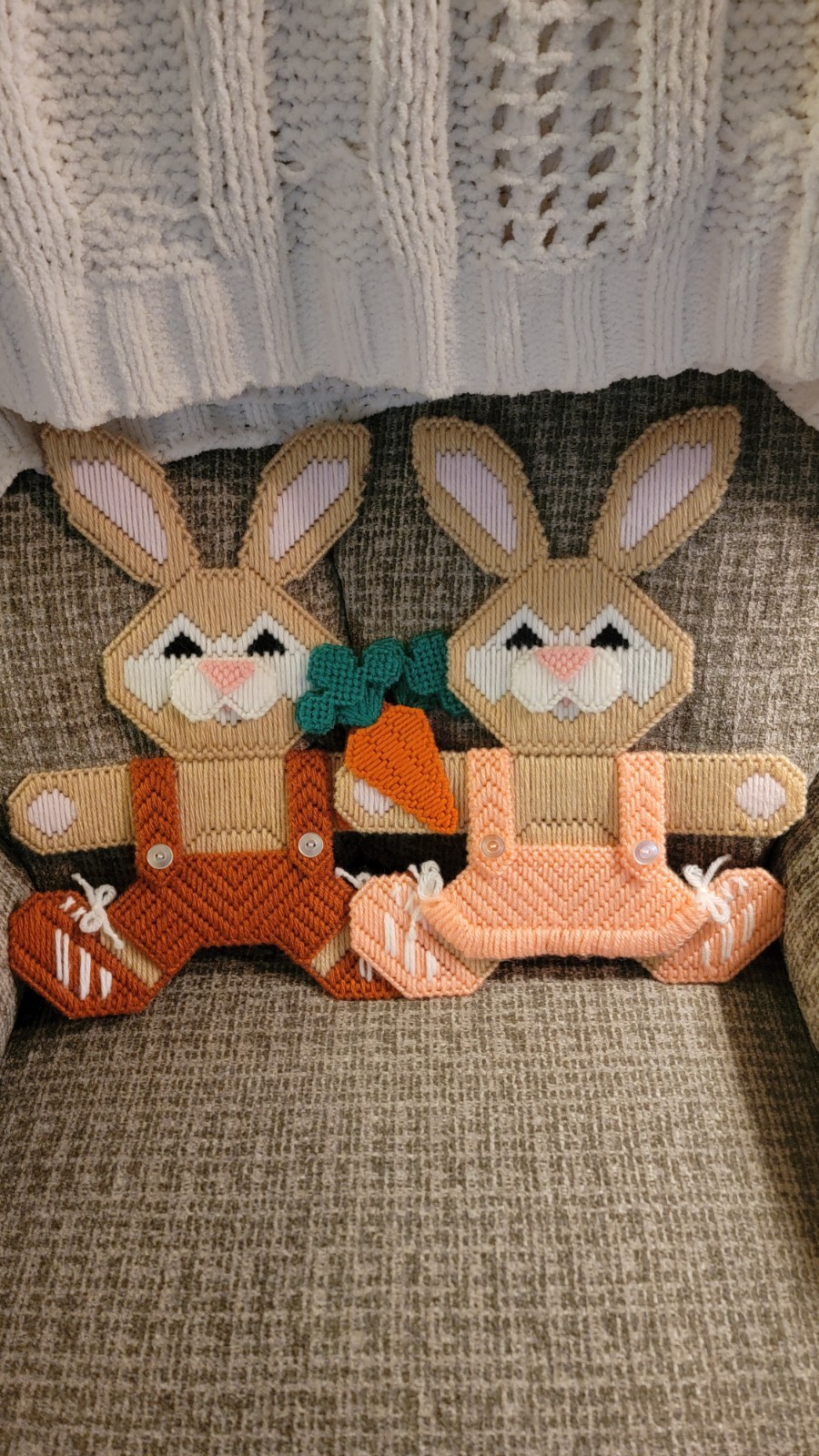 Vintage Handmade Plastic Canvas Easter Bunny Wall Hanging Set Carrot Yarn Art...