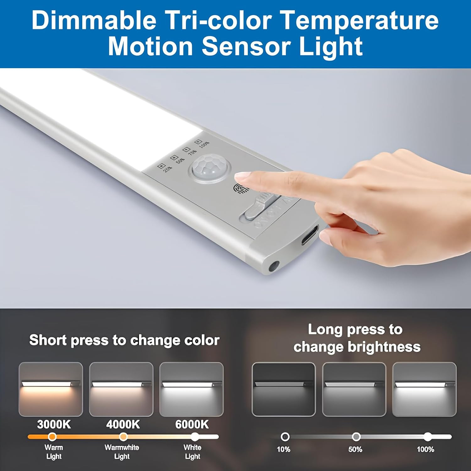 Under Cabinet Lighting, 2Pack Motion Sensor Light Indoor with 3 Color Temps, Rec