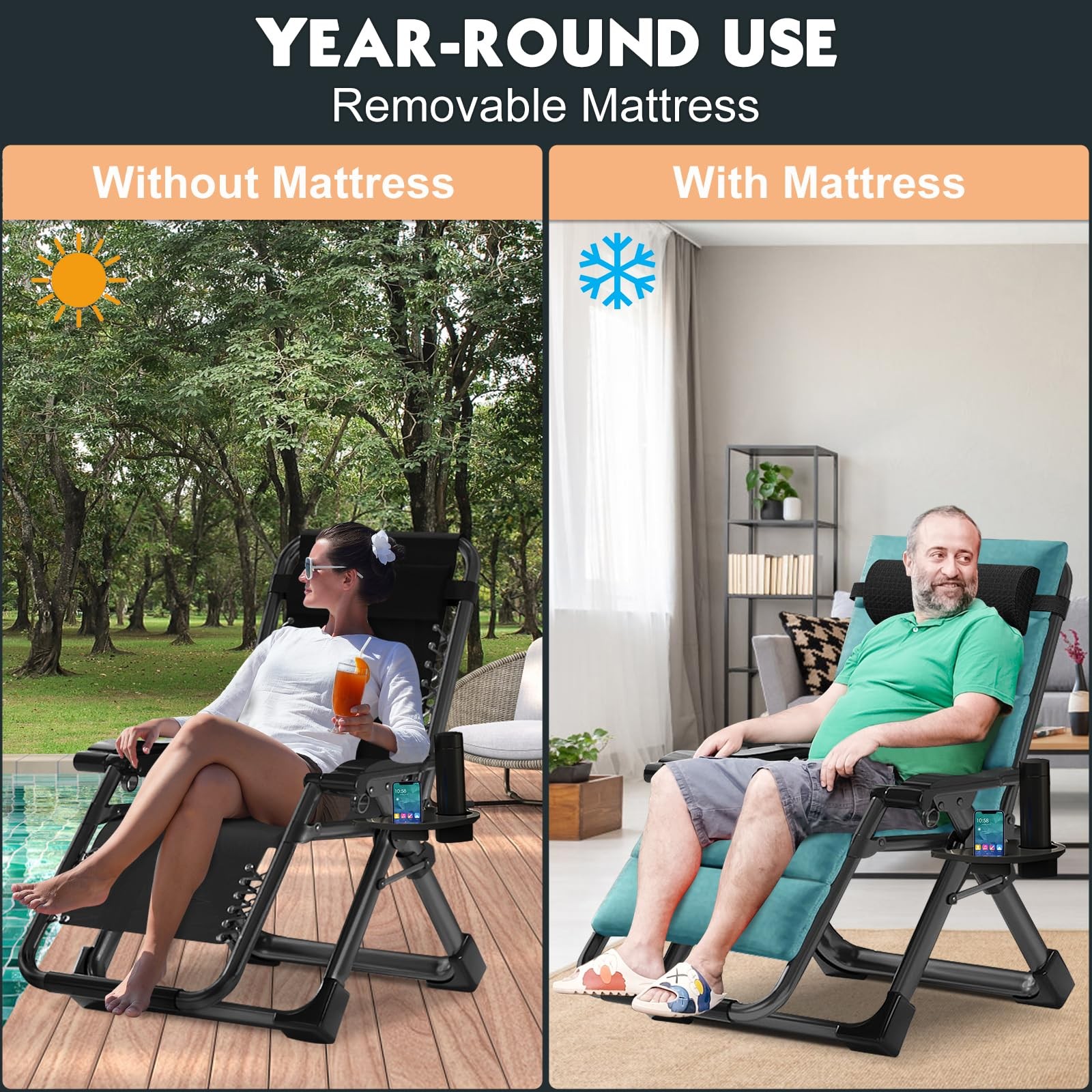 Zero Gravity Lounge Chair Outdoor Padded with Side Table Supports 440lbs