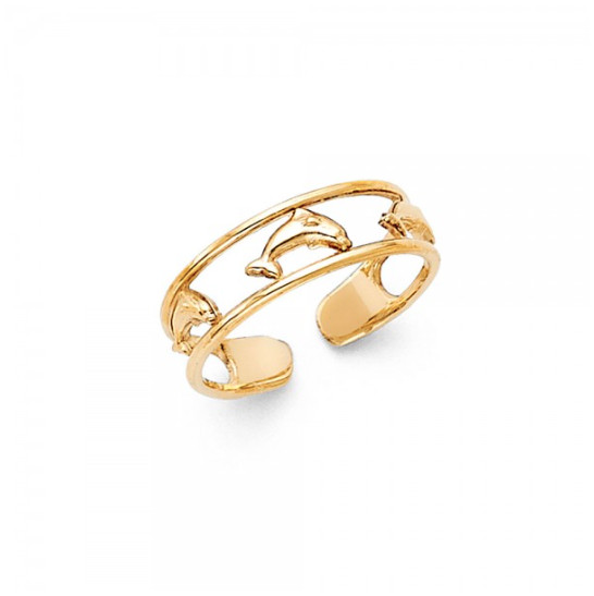 14K Solid Yellow Gold Dolphin Toe Ring Adjustable -Fish Polished Foot Band Women