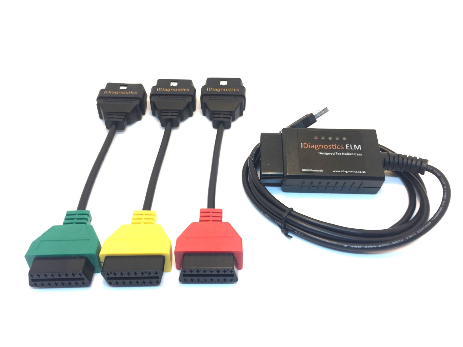 NEW Fiat Alfa ELM OBD2 Green Red Yellow cables adapters Diagnostics Multiecuscan