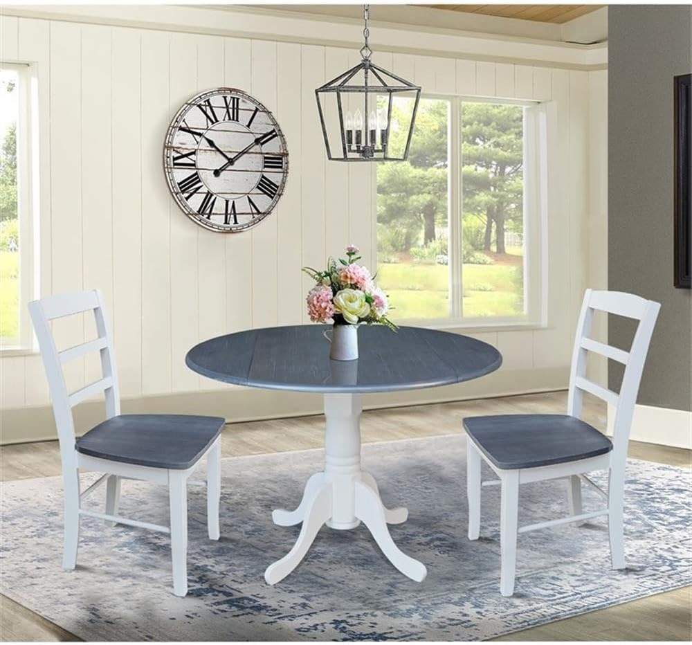 42 In. Wood Dining Table with 2 Madrid Ladderback Chairs in White/Heather Gray