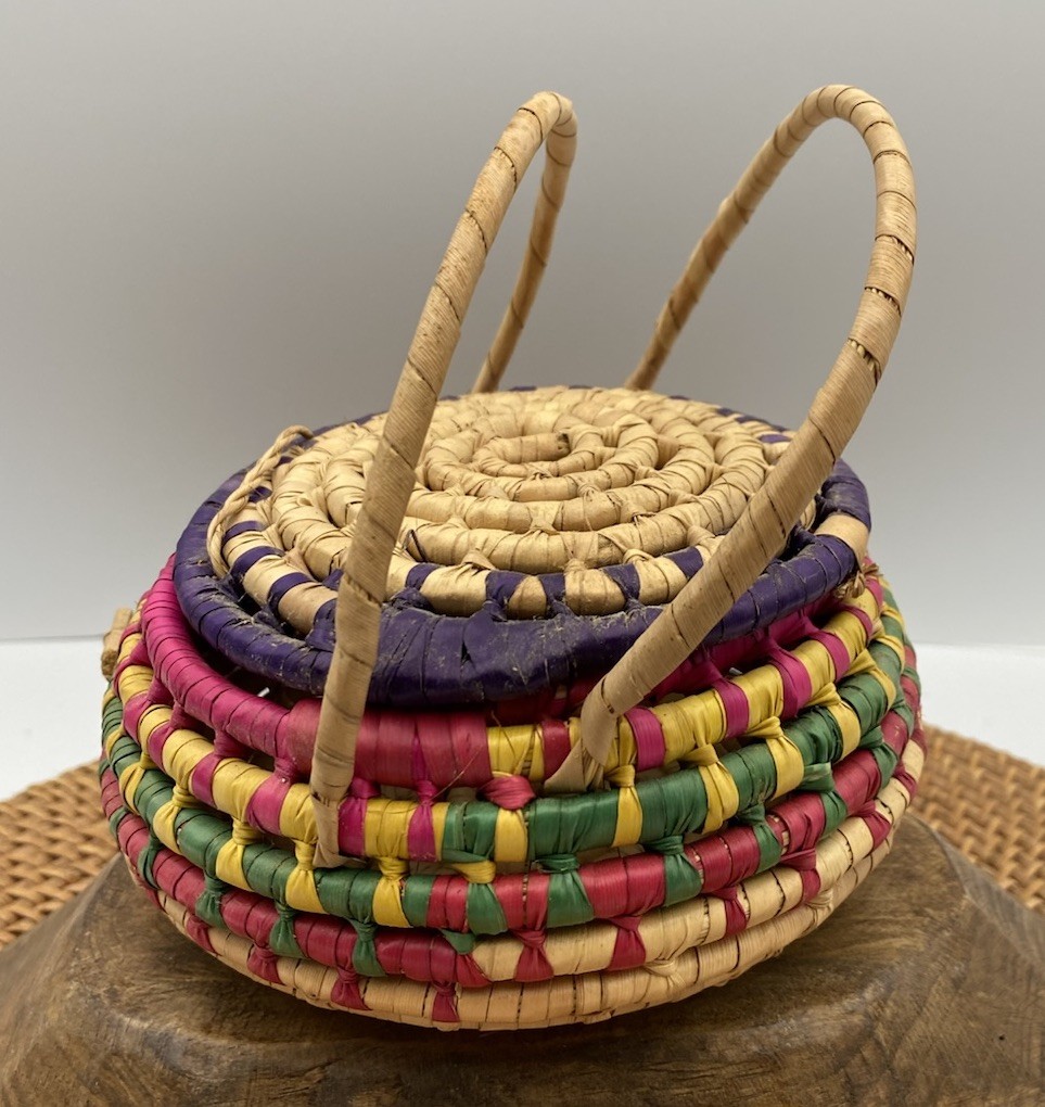 Hand Made Round Lidded Basket With Handles Locking Multi Color