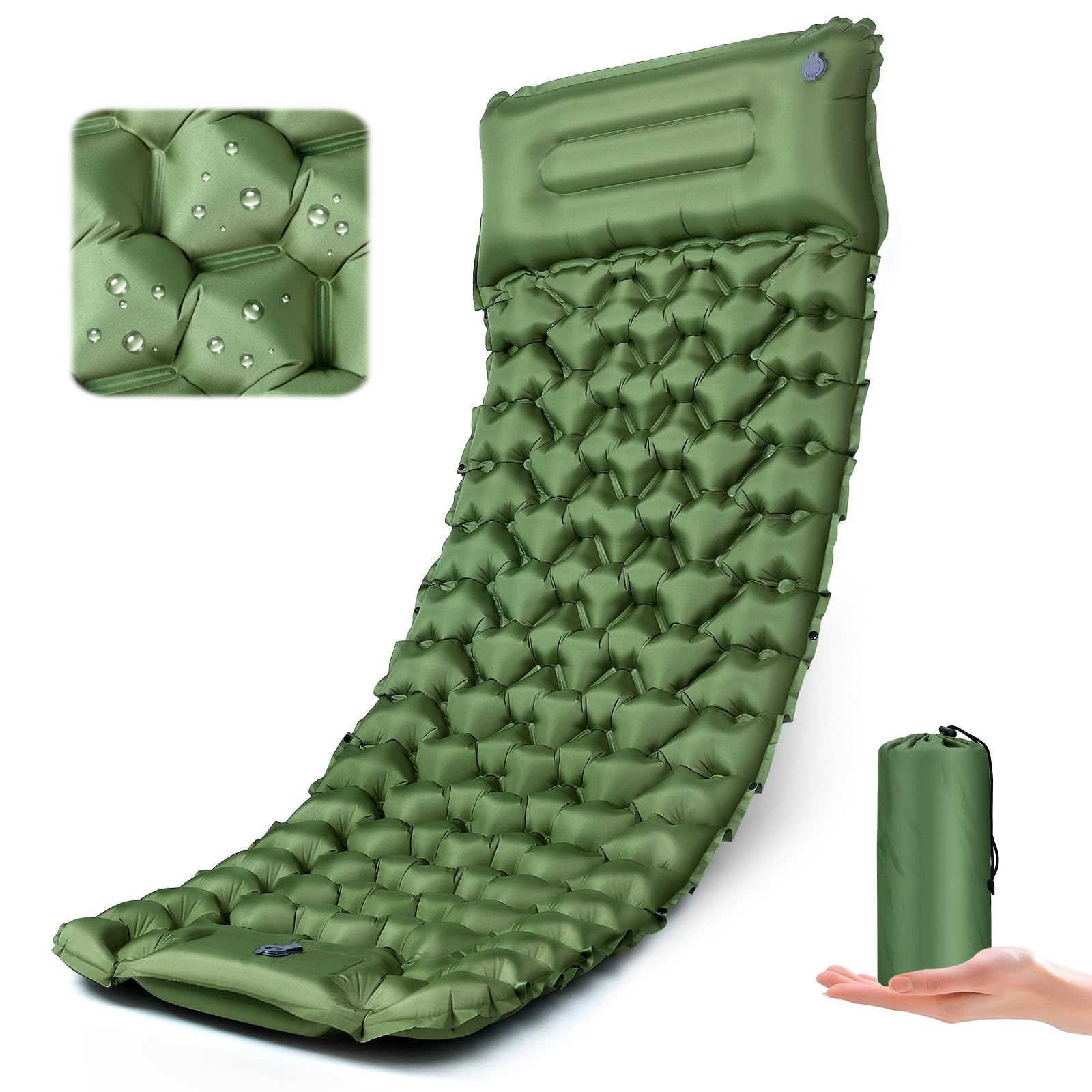 Sleeping Pad,Inflatable Camping Mat with Pillow & Foot Pump-Green
