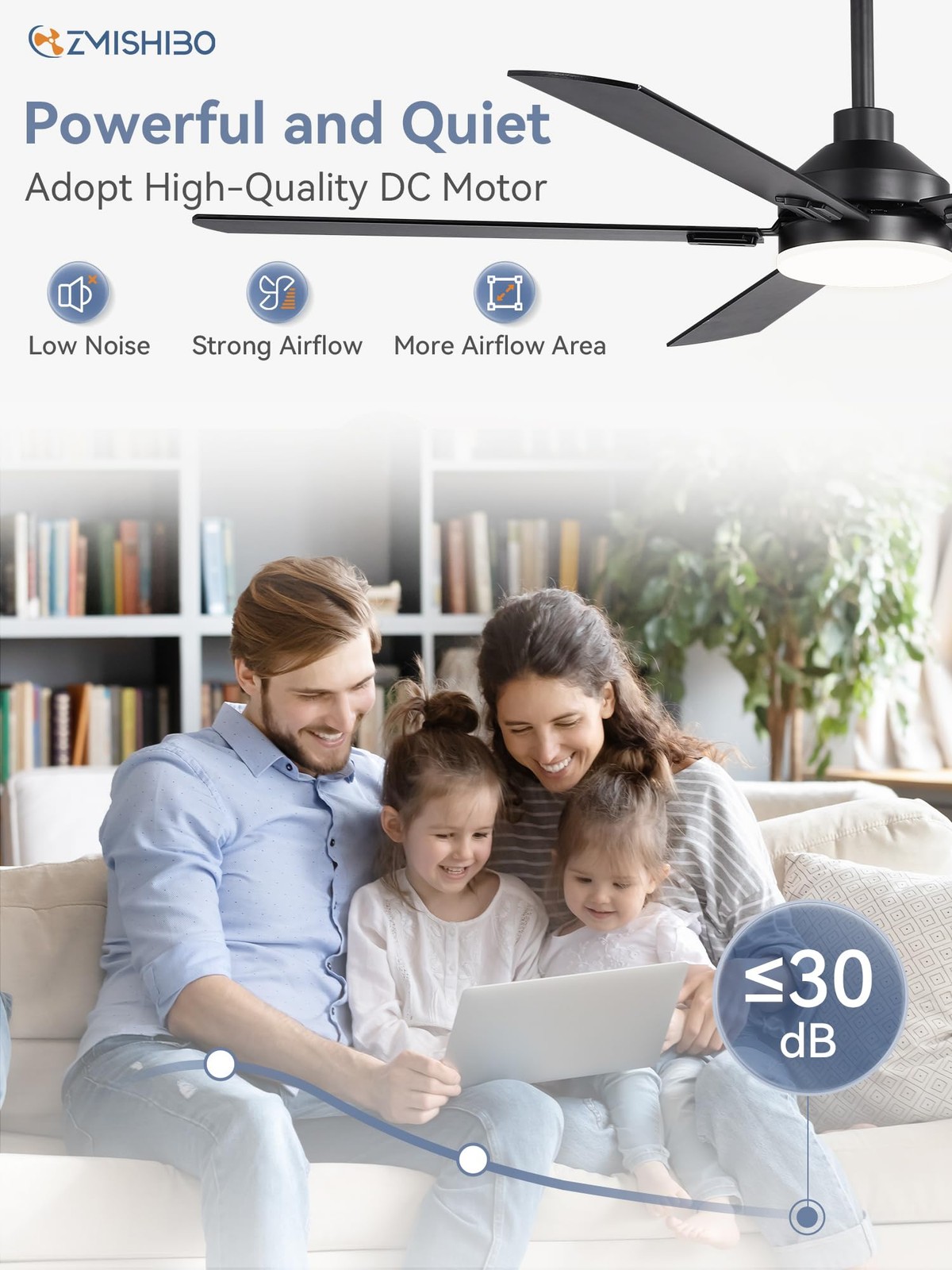 Zmishibo 60 Ceiling Fan with Light - Modern Black Remote Control