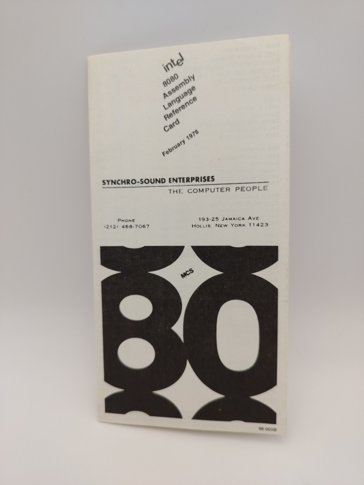 Intel 8080 Assembly Language Reference Card Feb 1976 Synchro-Sound...
