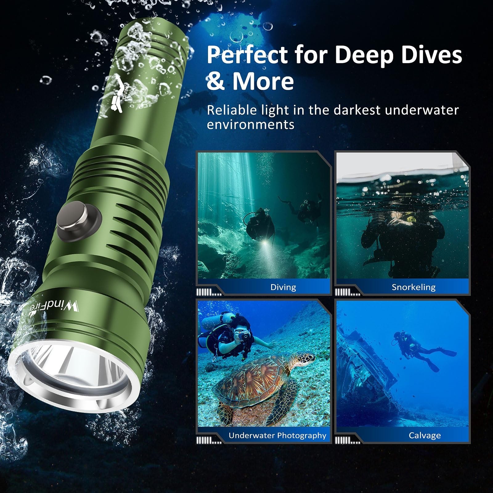 WINDFIRE Dive Light Scuba Diving Flashlight, IPX8 Waterproof 210 Feet Underwa...