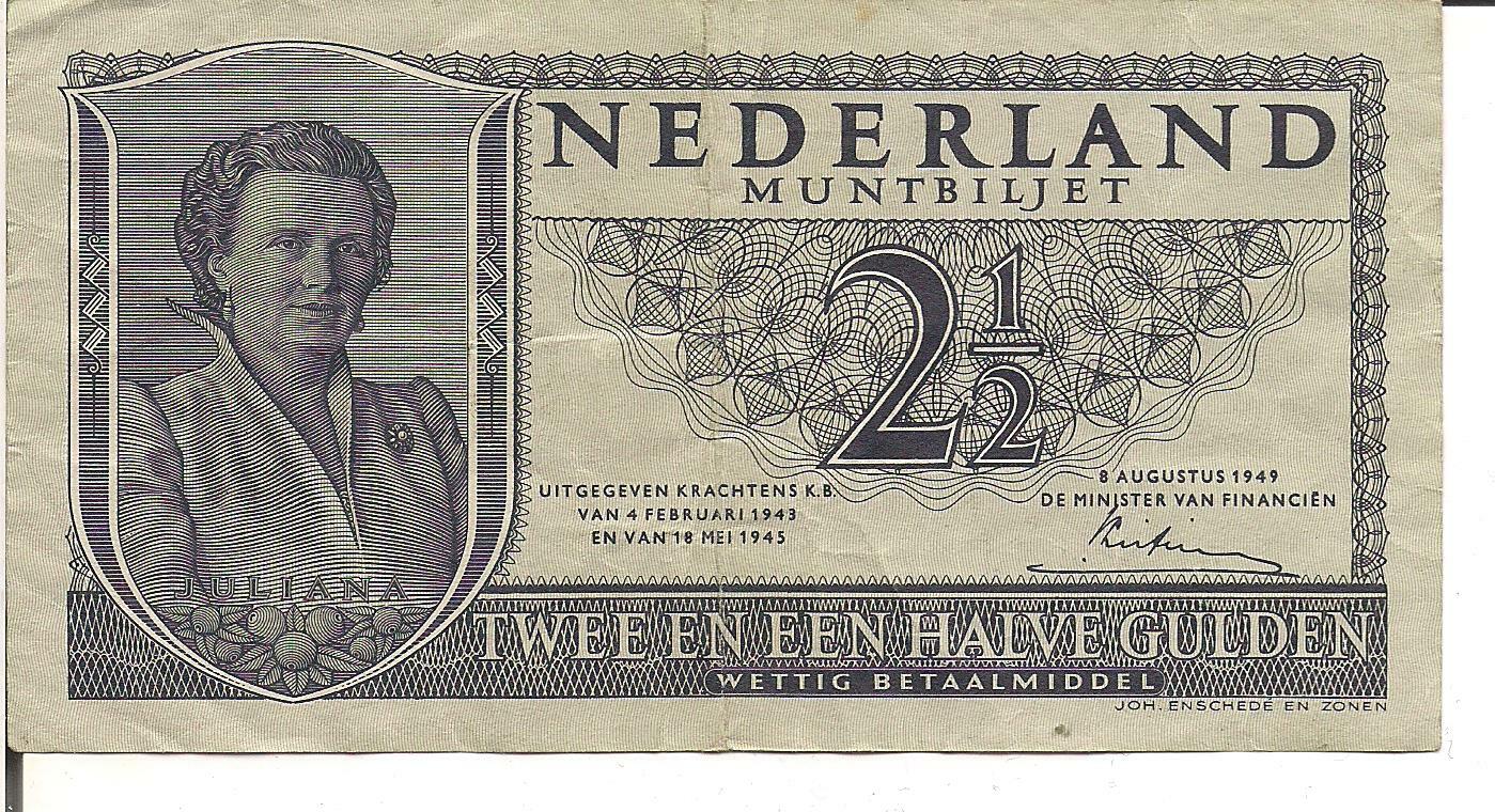 NETHERLANDS, 2 1/2 GULDEN, P#73, 1949