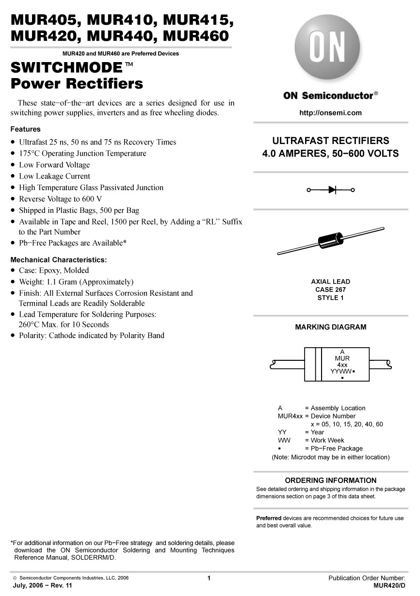 ON Semiconductor MUR410 4A/100V Copper Leg Ultra Fast Rectifier Diode