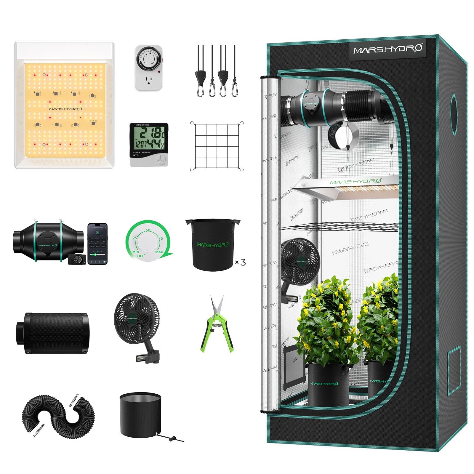 MARS HYDRO 2x2 Grow Tent Kit Complete System with 10 Speed Fan,100W Upgraded ...