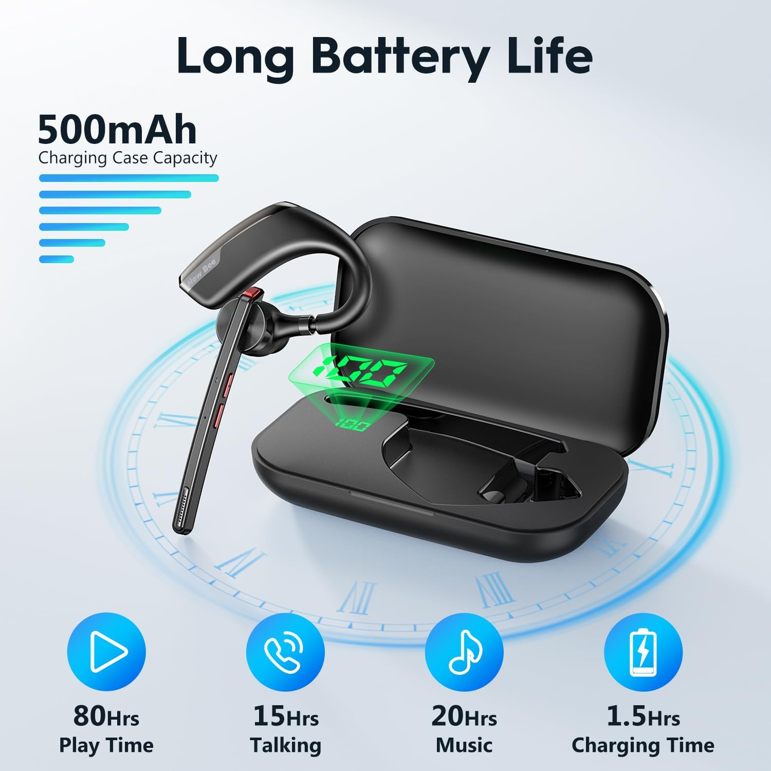 New bee Bluetooth Headset Wireless Earpiece for 1 PACK Black