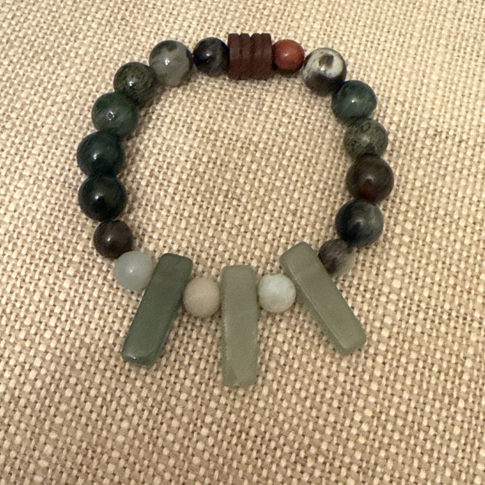 Green Agate Natural Stone Wood Green Stretch Boho Bracelet Reiki Healing Chakra