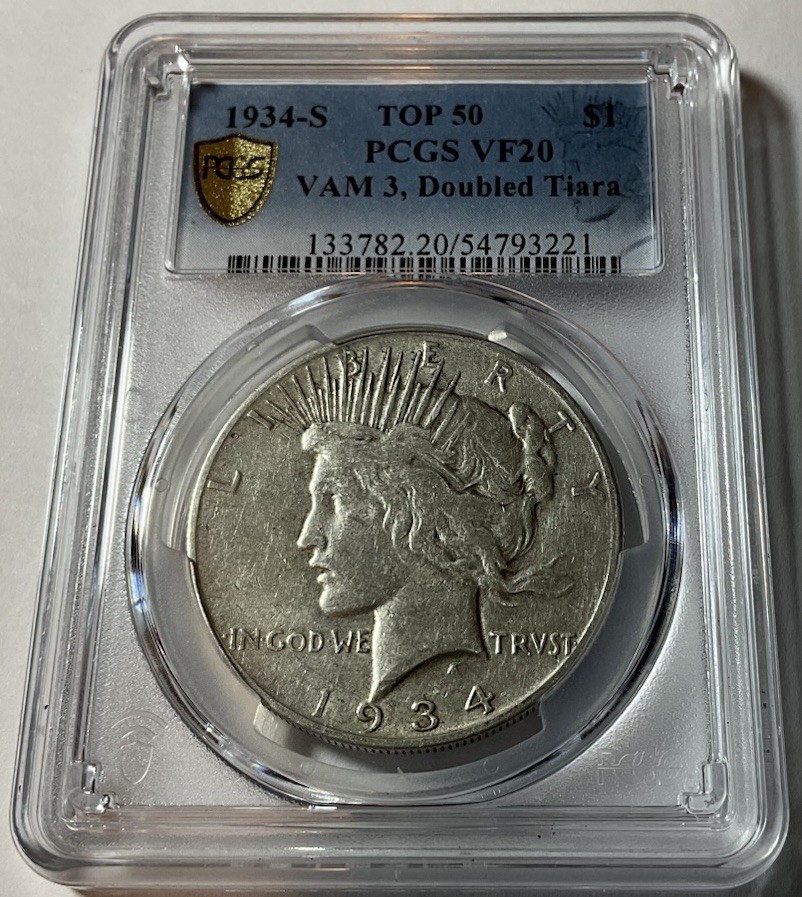1934-S Peace Dollar PCGS VF20 VAM 3 Doubled Tiara Silver $1 Coin San Francisco