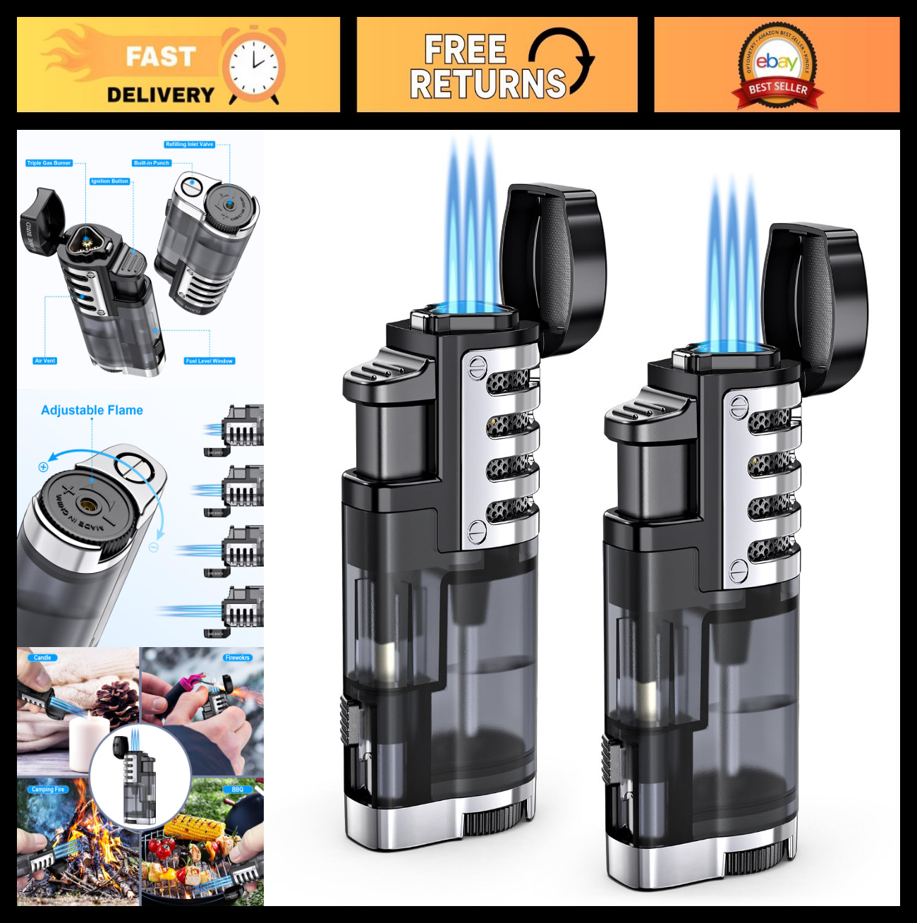 Triple Jet Flame Butane Torch Lighters - Windproof, Adjustable, Refillable - 2 P