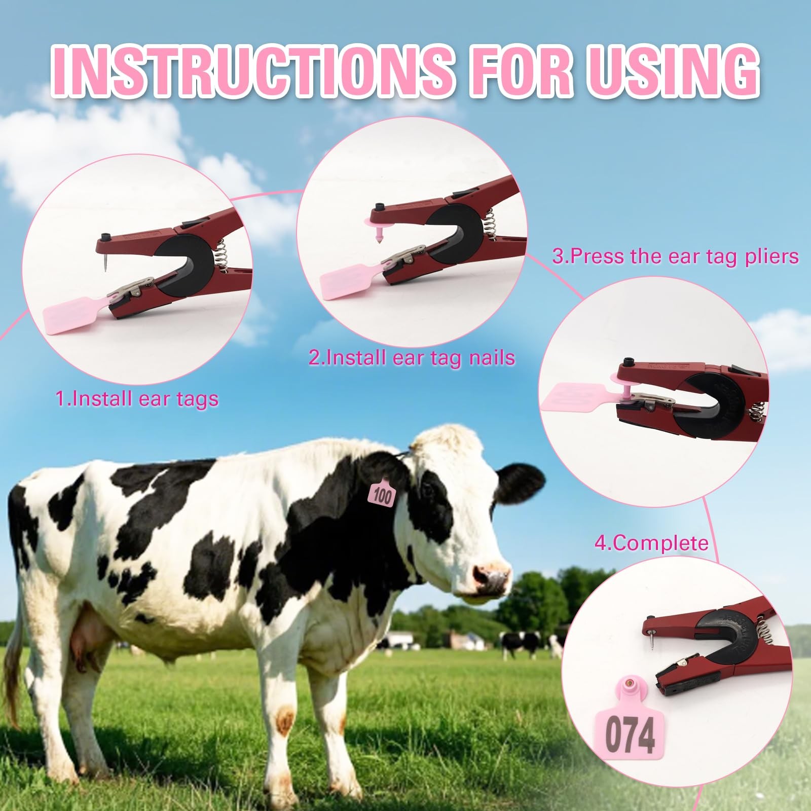 Plastic Cattle Ear Tags 001-100 for Livestock Cows Tag Applicator Kit