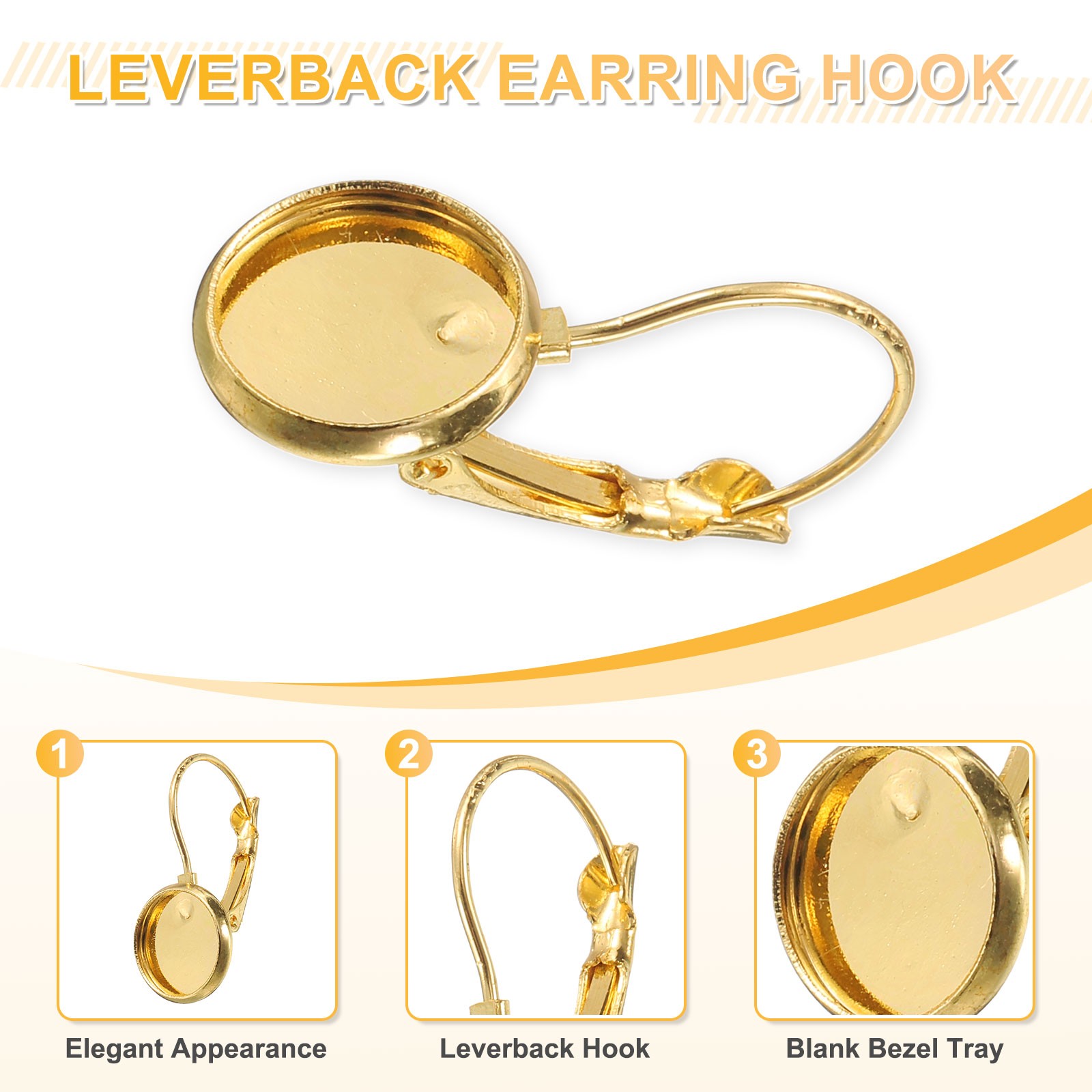 20Pcs Leverback Earring Hooks with 10mm Flat Round Blank Bezel Trays, Light Gold