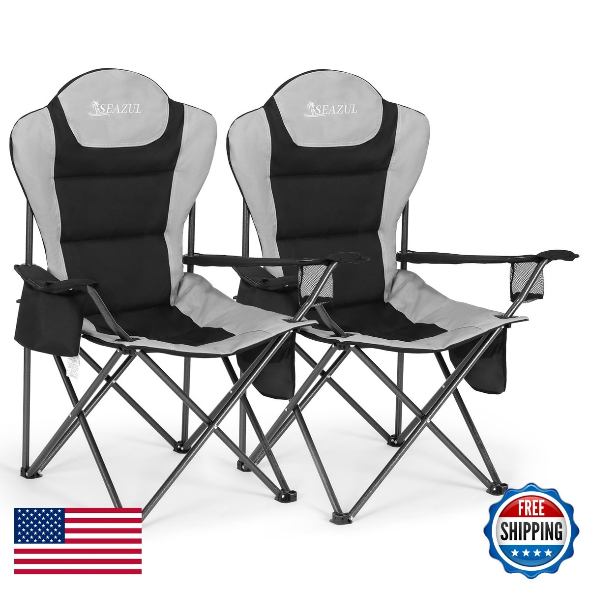 Seazul Camping Chairs Adults, Heavy Duty Camping Chairs 2 Pack Support 380lbs