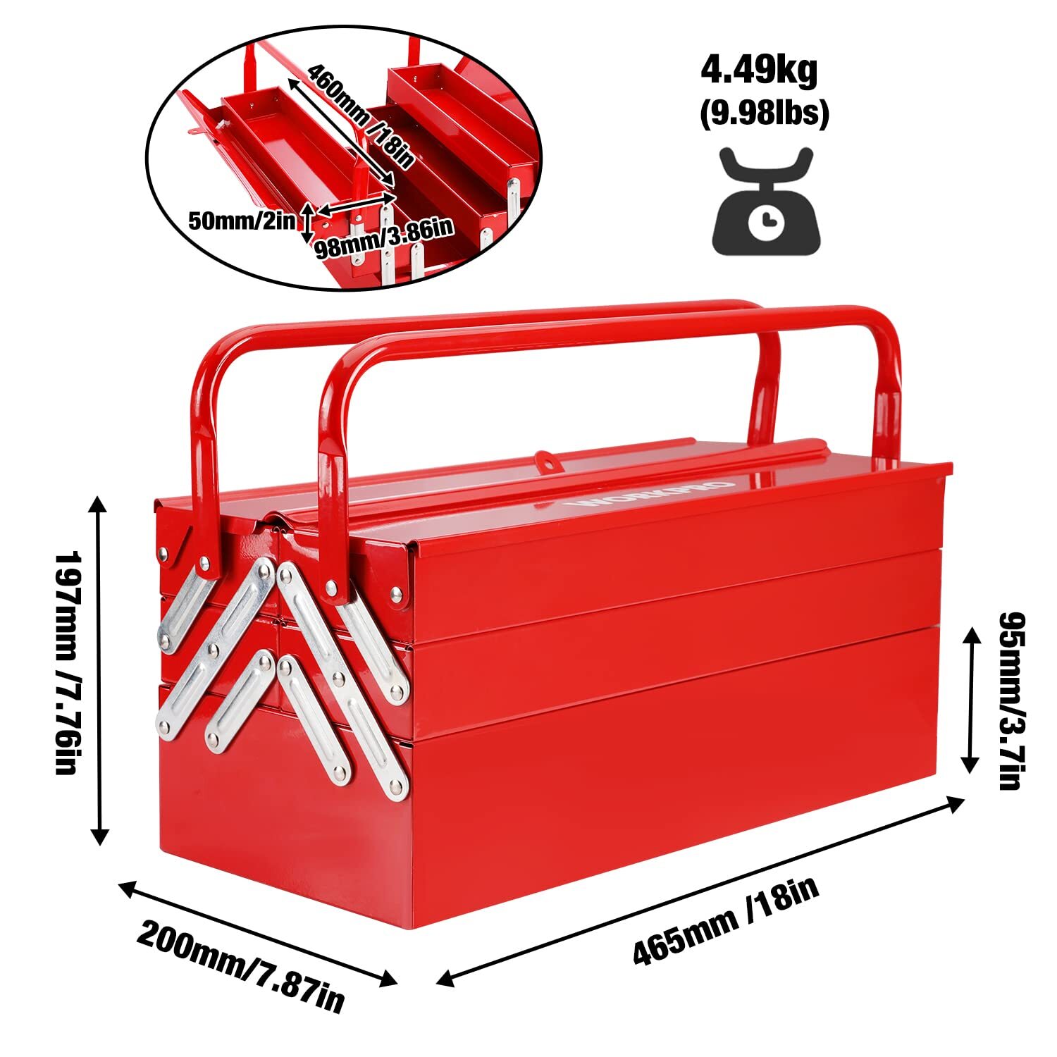 WORKPRO Metal Tool Box 18'' Cantilever Folding Red Storage Box 3-Layer 5-Tray