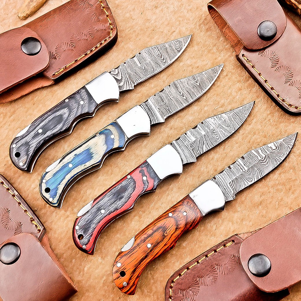 LOT OF 4 PCS! Handmade Damascus Pocket Knives – Folding Knives, W/Sheath IT-2823