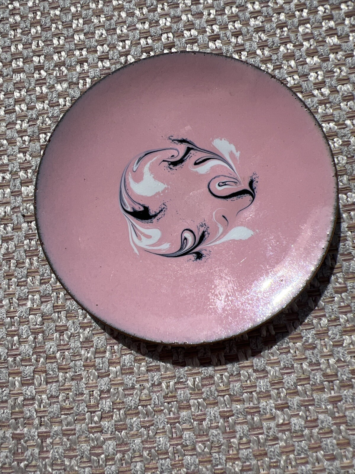 Vtg MCM Enamel On Copper Trinket Dish Abstract Design Pink 2.75” Signed CG