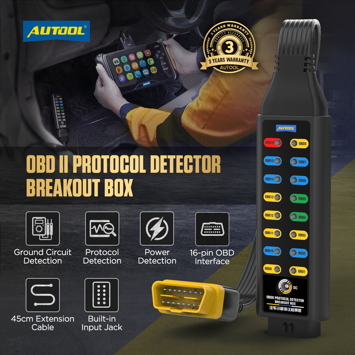 OBD2 Breakout Box Auto OBDII Protocol Detector 16-Pin Car Test Diagnostic Tool